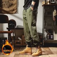 摩男志冬季加绒美式复古工装裤男机能风潮牌日系束脚休闲裤加厚哈伦裤子 军绿色 4XL【170-185斤】