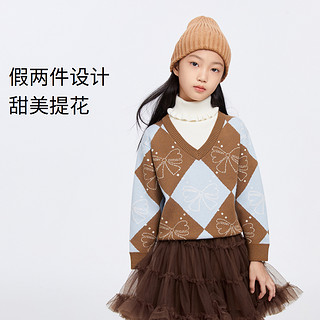 Annil 安奈儿 童装女童高领长袖针织衫2023冬新款甜美提花假两件毛衣