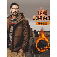 HouTan 后探 山系连帽冲锋外套男秋冬款城市户外通勤机能加棉工装夹克冬季棉服 咖色 XL(140-160斤)