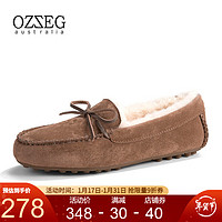 OZZEG澳洲豆豆鞋女冬季羊皮毛一体毛毛棉鞋平底防滑加绒保暖乐福鞋 咖啡色 36