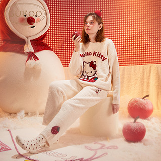 Gukoo/果壳半边绒睡衣女冬HelloKitty联名新年红色可爱女家居服D