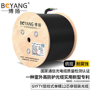 博扬 GYFTY-12B1.3 12芯室外非金属光缆 层绞式非铠装单模光纤线 管道光缆防强电击穿 2000米