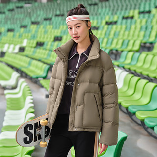 坦博尔（Tanboer）短款羽绒服女时尚立领韩版外套女宽松90鸭绒TD238350 椰壳咖 165/88A