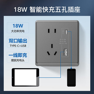 CHNT 正泰 开关插座面板带USB-TYPC网线墙面5孔空调墙壁全屋套餐6M幻银灰 五孔10A