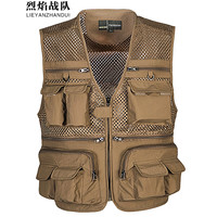 烈焰战队马甲 男士夏季户外多口袋网眼钓鱼摄影马夹 骑行工程施工外穿背心 卡其色（网眼马甲） 3XL