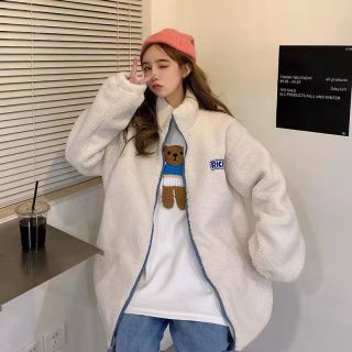 立领羊羔毛茸茸外套女2024拼色加绒加厚开衫卫衣女棒球服秋冬