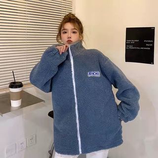 立领羊羔毛茸茸外套女2024拼色加绒加厚开衫卫衣女棒球服秋冬