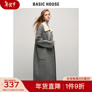 BASIC HOUSE/百家好撞色翻领针织开衫女冬软糯长款外套 灰色 F