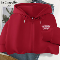 La Chapelle City 拉夏贝尔薄款外套女春秋款宽松美式复古连帽卫衣开衫 车厘子红-拉夏-红k L 春秋款