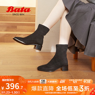 Bata 拔佳 瘦瘦靴女通勤粗跟百搭弹力布时尚短筒靴051C1DZ3 黑色 37