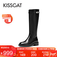 KISSCAT 接吻猫 2023冬季新款骑士靴加绒长筒靴复古增高时装靴女KA43708-51 黑色（加绒） 38