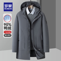 ROMON 罗蒙 男士中长款连帽保暖休闲羽绒服2024秋冬新款时尚百搭极寒外套 灰色 170(建议100-125斤)