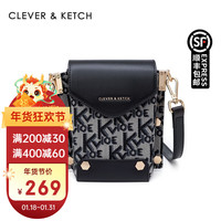 CLEVER & KETCH包包女包2022潮时尚百搭小众设计高级感刺绣轻便小挎包迷你手机包 黑配灰