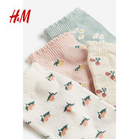 H&M童装女婴2024年春季柔软棉混纺细密针织4对装袜子1167892 灰绿色/花卉 10-12