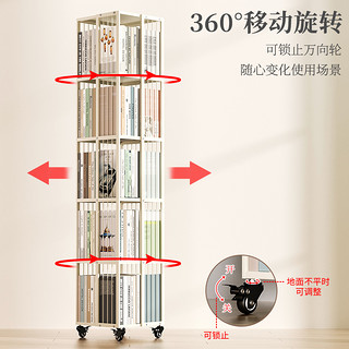 SOFS360度旋转书架落地简易置物架卧室床头可移动钢制铁艺小书柜 【移动旋转款】金属书架5层 白色