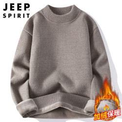 Jeep 毛衣男秋冬季韩版圆领针织衫男士纯色一体绒保暖线衣 浅灰 XL