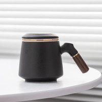 逸峰 陶瓷杯带盖茶水分离杯过滤泡茶水杯木柄办公杯新中式礼品 描金禅风杯(含内胆)-黑色