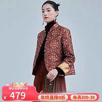 陌遇中国风复古改良印花盘扣棉衣新中式唐装上衣外套 红棕色 M
