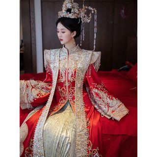 梵奥格（FANAOGE）秀禾服新娘2023大码胖妹妹结婚中式婚纱凤冠霞披明制婚服汉服 明制款+皇冠 M (胸围90cm体重100斤)
