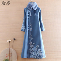 敞裘()国风改良版旗袍女秋冬复古显瘦大码女装中国风改良旗袍毛 蓝色 毛呢 XL 121-140斤