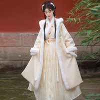 艾方鸟 汉服成人女冬季套装宋制对襟加绒加厚连帽长褙子古装全套 米色长褙子三/件套装 M 100-120斤