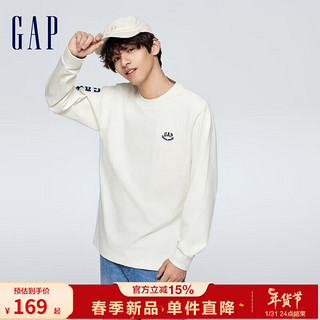 Gap 盖璞 男装春季2024新款LOGO纯棉宽松长袖T恤885523运动休闲上衣 米白色