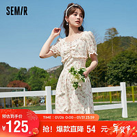 Semir 森马 连衣裙女收腰木耳边法式夏2023泡泡袖方领肌理碎花裙107423114088 红色调00366 L