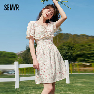 Semir 森马 连衣裙女收腰木耳边法式夏2023泡泡袖方领肌理碎花裙107423114088 红色调00366 L