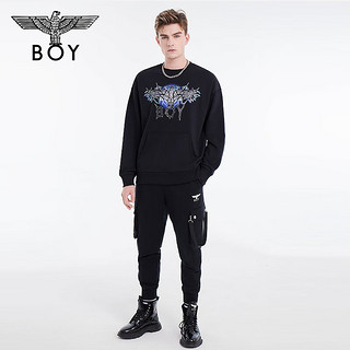 BOY LONDON【雷霆之翼】秋冬男女同款长袖印花针织潮牌圆领套头卫衣N03902 黑色打底 XS