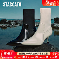STACCATO 思加图 2023冬季新款优雅时装靴高跟鞋中靴通勤靴子女皮靴ED382DZ3 铠甲黑 35