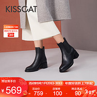 KISSCAT 接吻猫 女靴2023秋冬新款加绒切尔西靴高跟短靴女时装靴KA43706-50 黑色/黑色 38