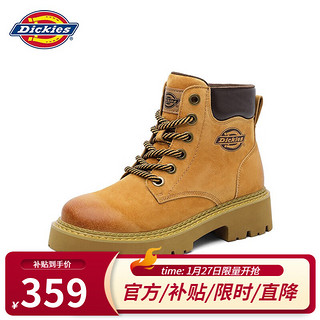 Dickies 帝客 马丁靴女秋冬新款百搭靴子女加绒保暖工装短靴厚底大黄靴高帮女靴 土黄 38