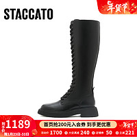 STACCATO 思加图 冬季新款甜酷骑士靴长靴马丁靴厚底女皮靴EFV07DG2 黑色（单里） 35