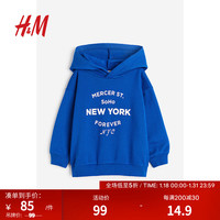 H&M童装男童卫衣2024春装宽松休闲印花交叠式连帽套衫1189835 亮蓝色/New York 140/68
