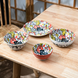 美浓烧（Mino Yaki）卡通可爱创意饭碗盘子面碗釉下彩日本陶瓷餐具家用一人食套装 红犬一人食碗盘 4件套