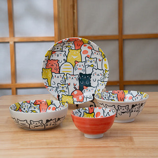 美浓烧（Mino Yaki）卡通可爱创意饭碗盘子面碗釉下彩日本陶瓷餐具家用一人食套装 红犬一人食碗盘 4件套