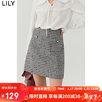 LILY2022冬女装优雅纯色高腰A字修身短裙半身裙 510黑 L