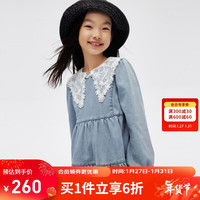 安奈儿(Annil)童装女童连衣裙纯色2024春装蓝色牛仔裙子 中蓝牛仔 140