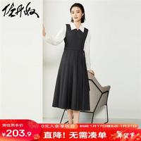 佐丹奴裙子女春季假两件撞色梭织收腰长袖衬衫连衣裙18464901 08高级灰 M