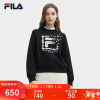 FILA 斐乐女子套头卫衣2024春时尚舒适樱花图案针织上衣 正黑色-BK 160/80A/S