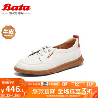 Bata 拔佳 休闲鞋女2024春季牛皮软底百搭通勤木作运动鞋AV211AA4 米白 36