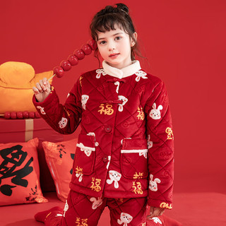 芬腾睡衣女童秋冬加绒夹棉立领喜庆亲子防静电睡衣家居服套装 大红 140
