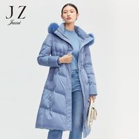 Juzui 玖姿 蓝色狐狸毛领连帽抽绳收腰气质女羽绒服-JZ冬季