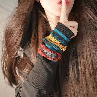 美充充 保暖护手臂袖套女无指洞袖套手套假袖子秋冬民族手臂套护 黑色 长度:20cm