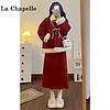 拉夏贝尔（La Chapelle）2024龙年拜年服圣诞氛围感酒红色套装半身长裙厚款长袖外套两件套 外套 L