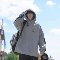 秋冬加绒男连帽套头卫衣420g日系流行拼色宽松百搭落肩潮牌外套