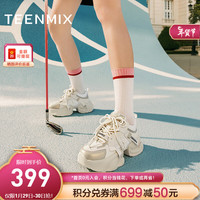 TEENMIX 天美意 女鞋厚底时髦百搭闪钻休闲运动鞋女老爹鞋2024春KD014AM4 米色 39