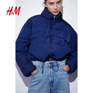 H&M女装棉服梭织立领短款时尚休闲外套1161620 深蓝色 155/80A