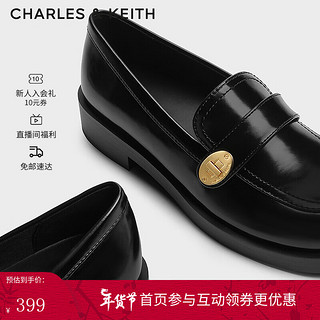 CHARLES&KEITH24春复古金属扣粗跟乐福鞋小皮鞋子女鞋女士CK1-70920143 Black Box黑色 37