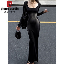 pierre cardin 皮尔·卡丹 皮尔卡丹（pierre cardin）美式复古印花方领连衣裙秋冬性感紧身修身显瘦包臀裙气质收腰长